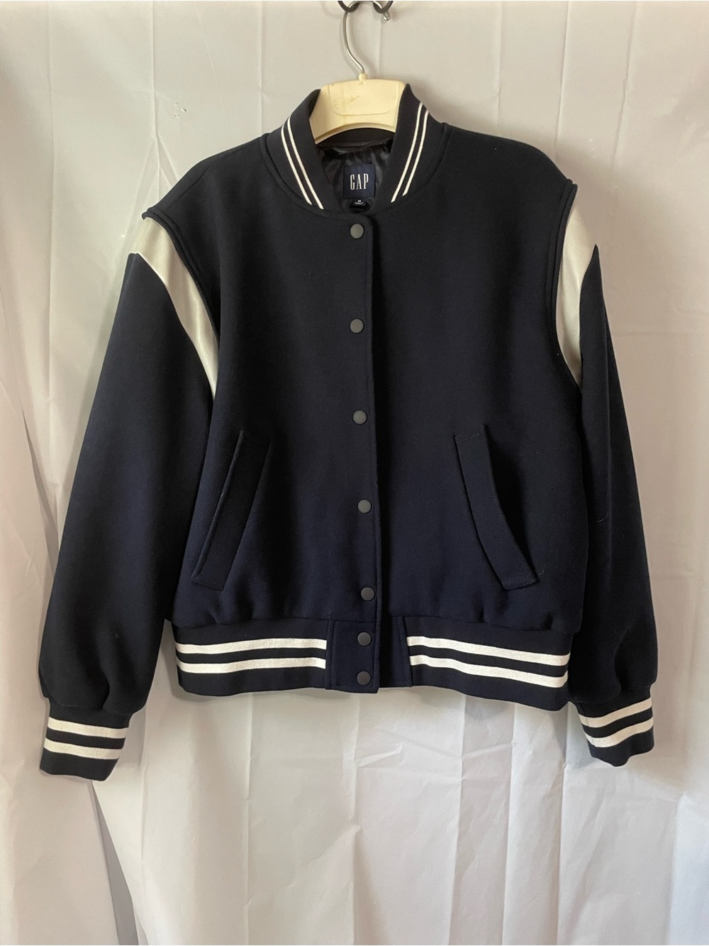 GAP Navy and White Men's Varsity Bomber Jacket